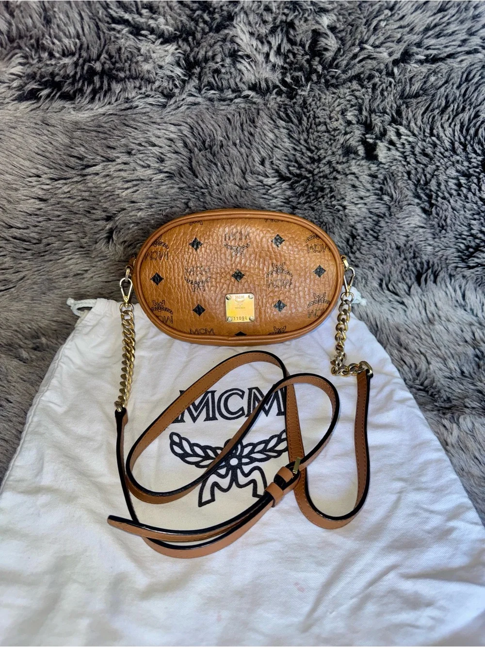 MCM Visetos Cognac Oval Crossbody Belt Bag w/ Dust Bag